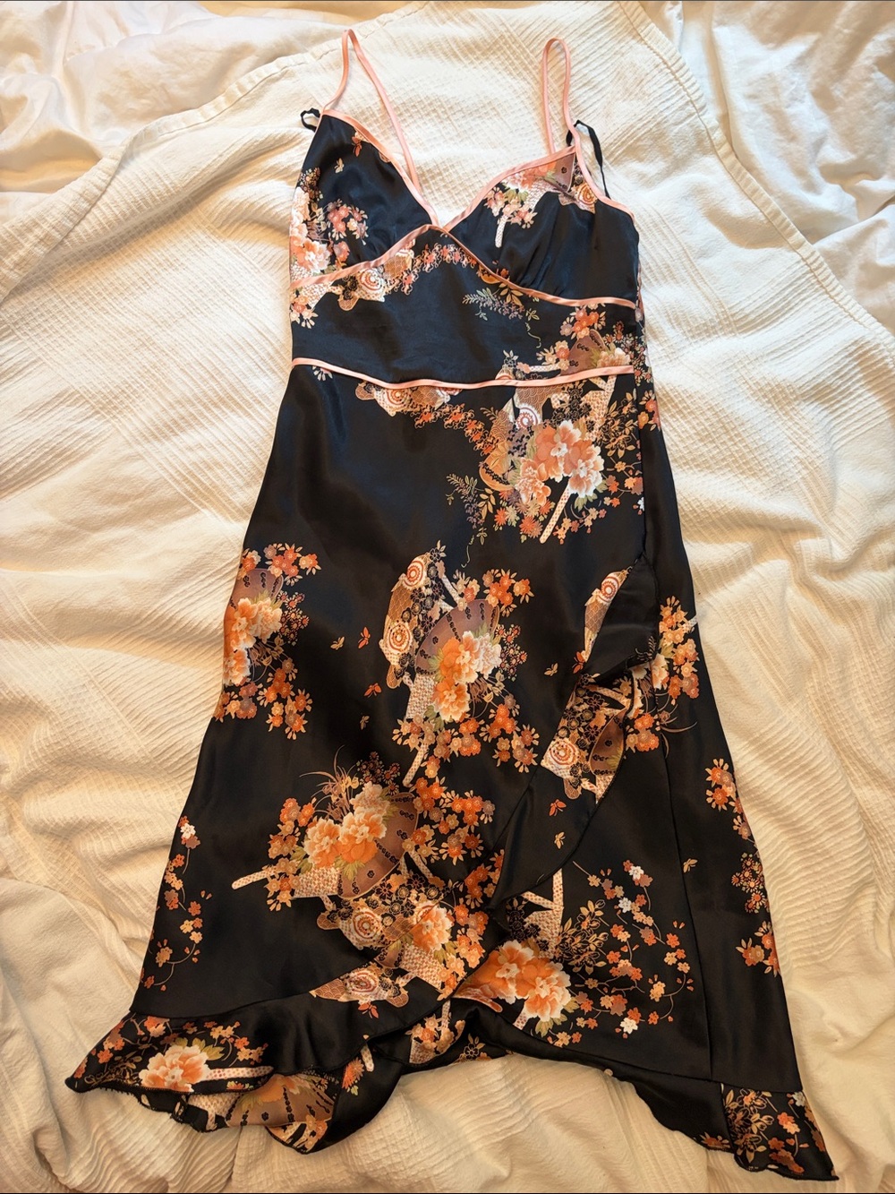 Black Floral Slip Dress with Peach Trim